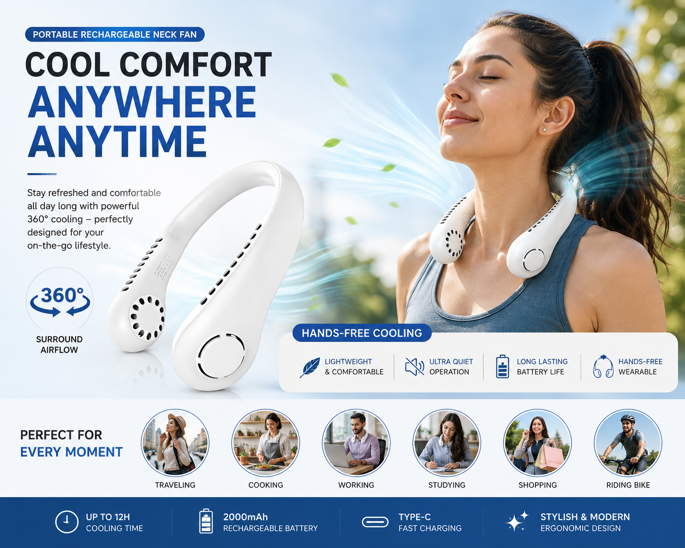 Portable Neck Fan – Rechargeable Hands Free Summer Cooling fan