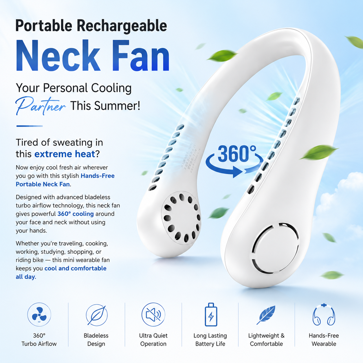 Portable Neck Fan – Rechargeable Hands Free Summer Cooling fan